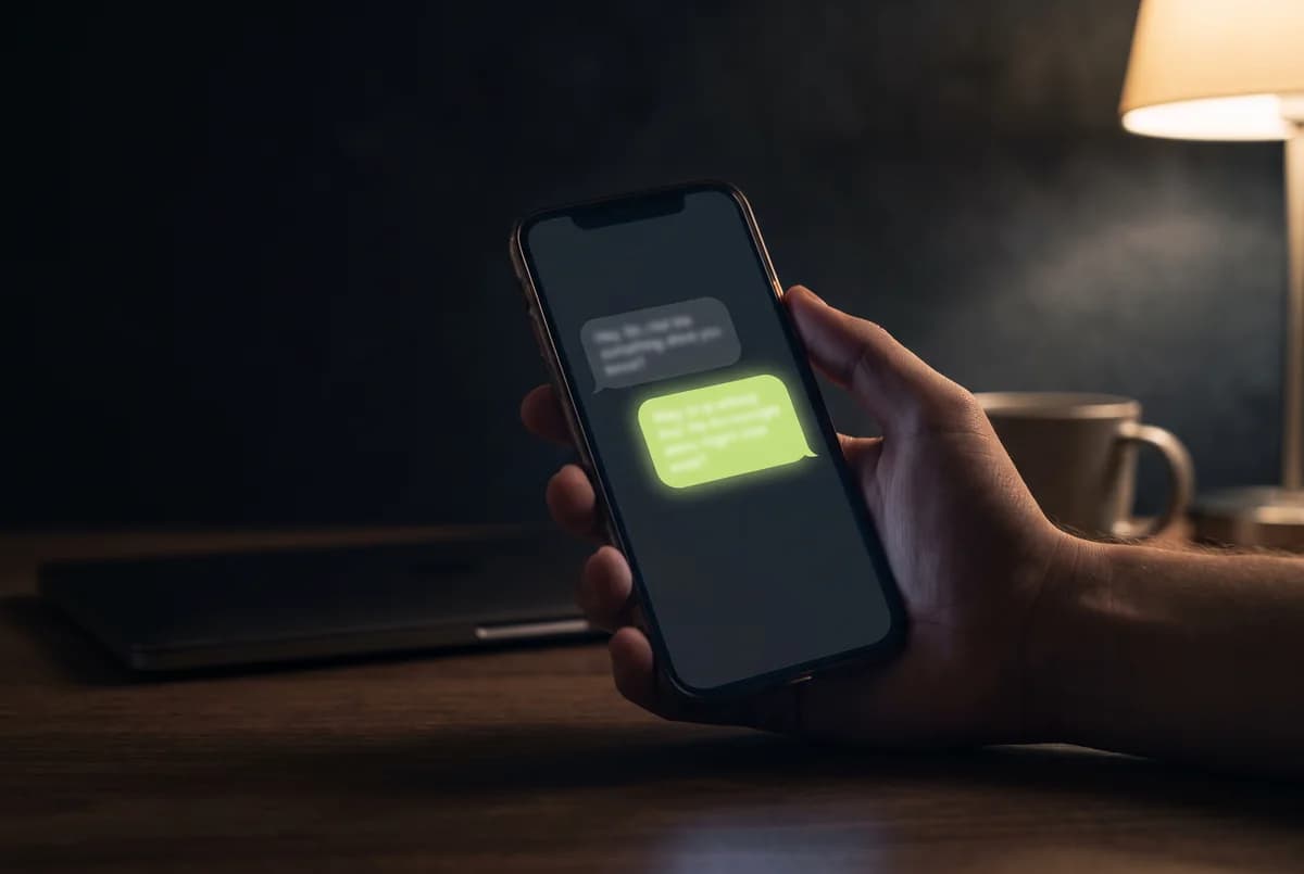 Smartphone in der Hand, eine Antwort auf eine Anfrage geht raus