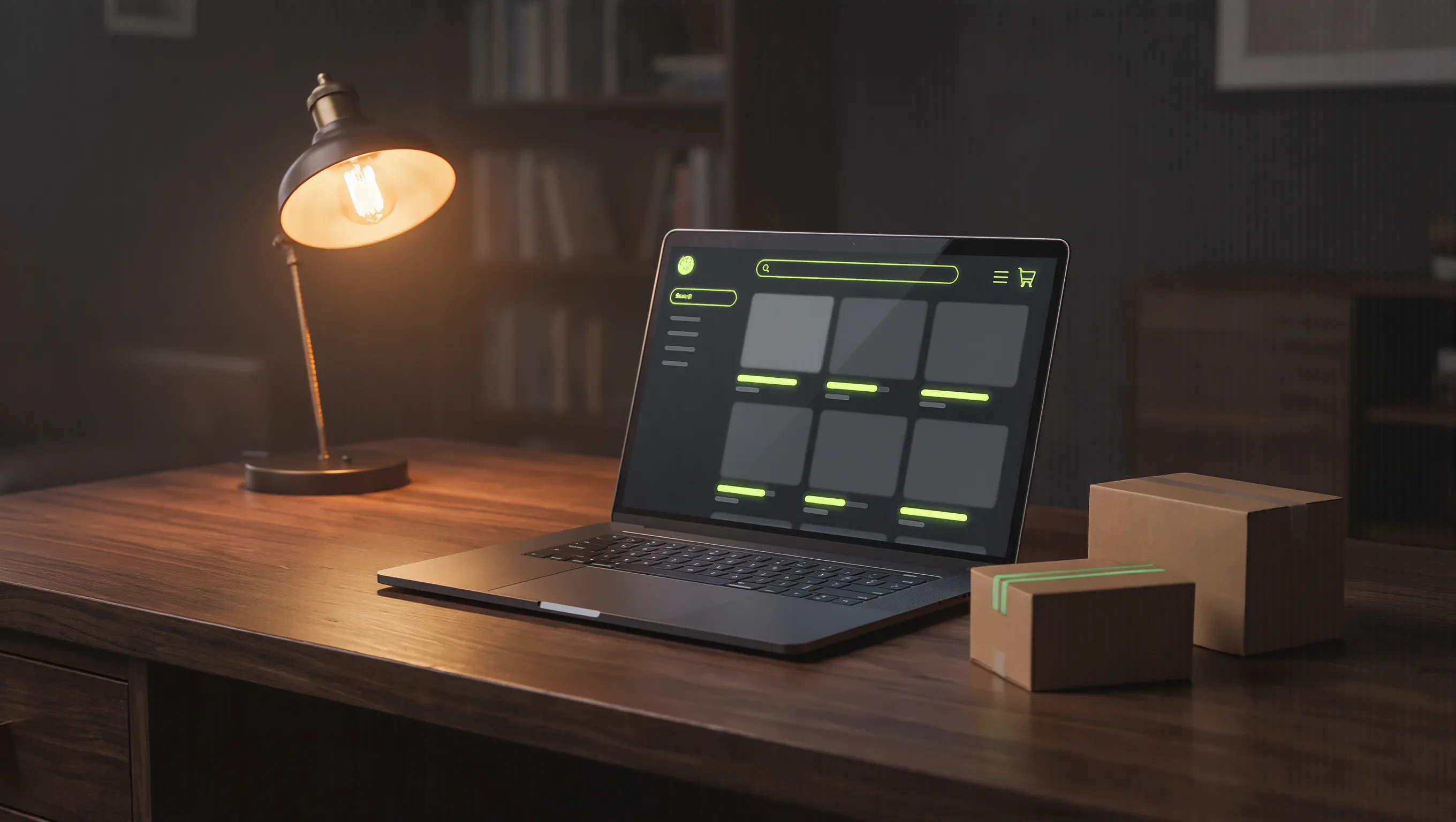 Laptop mit Shop-Oberfläche, daneben zwei Versandkartons