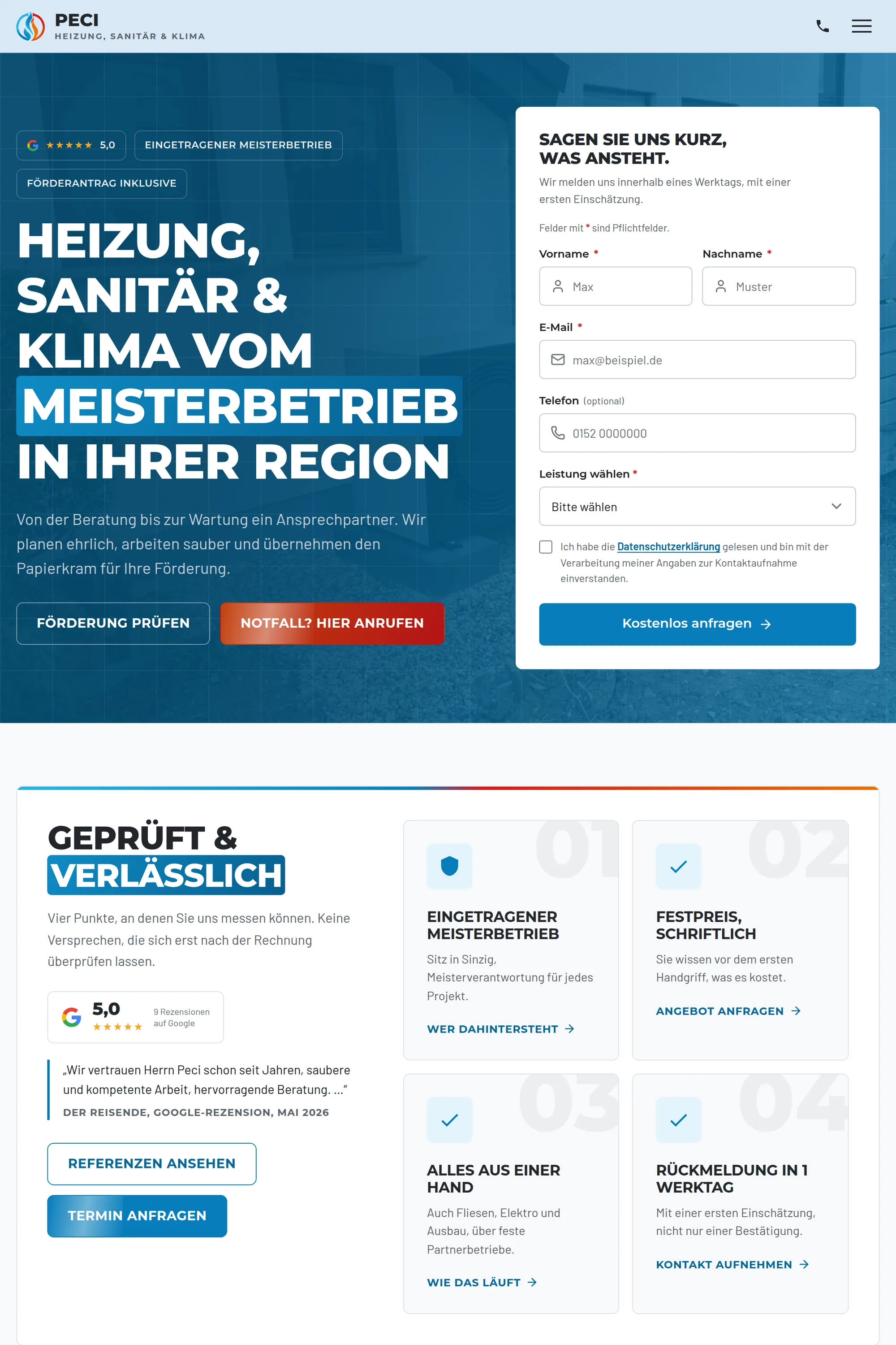 Heizung Sanitär PECI, Sinzig, Bildschirmansicht der ausgelieferten Website