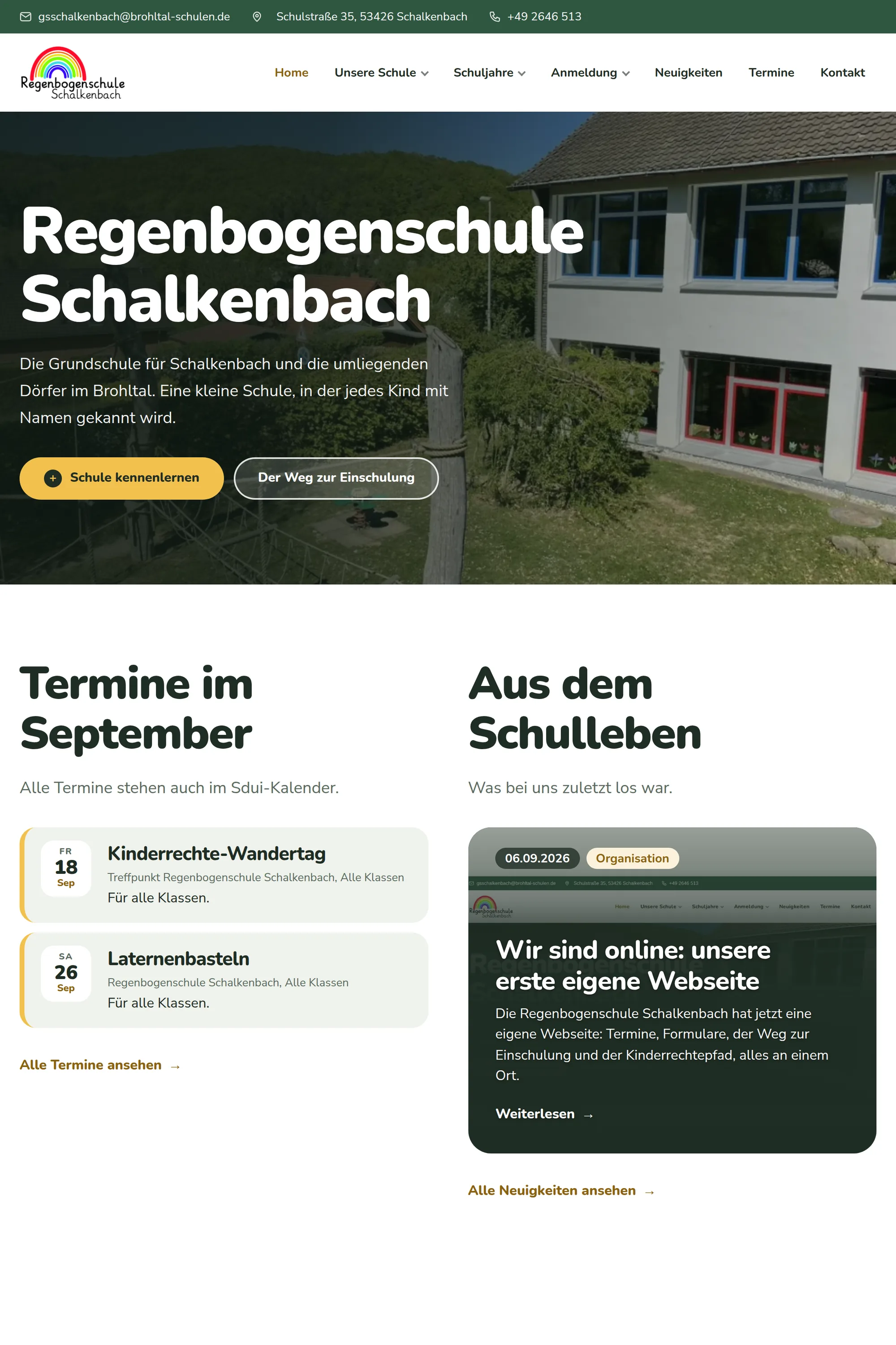 Regenbogenschule Schalkenbach, Bildschirmansicht der ausgelieferten Website
