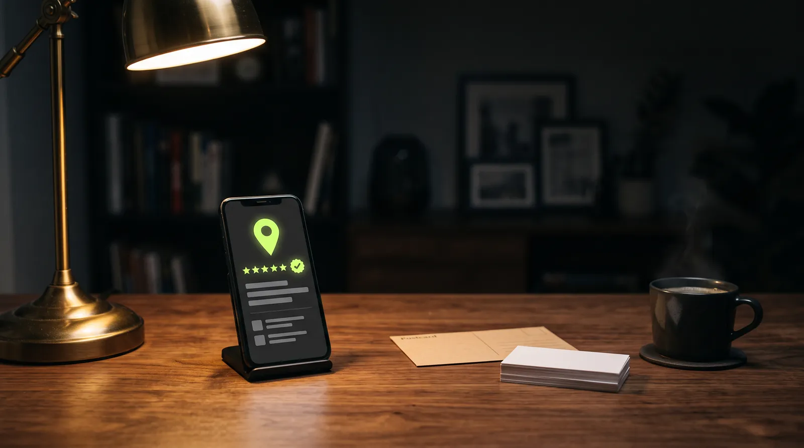 Ein Smartphone mit Unternehmensprofil, Kartenstift und Sternen, daneben Postkarte und Visitenkarten auf einem Holzschreibtisch